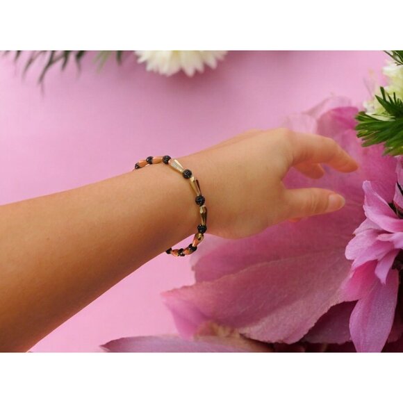 SALE Erimish Gold and Black Beaded Bracelet - Glam Boho Stretch Bracelet - Picture 3 of 5